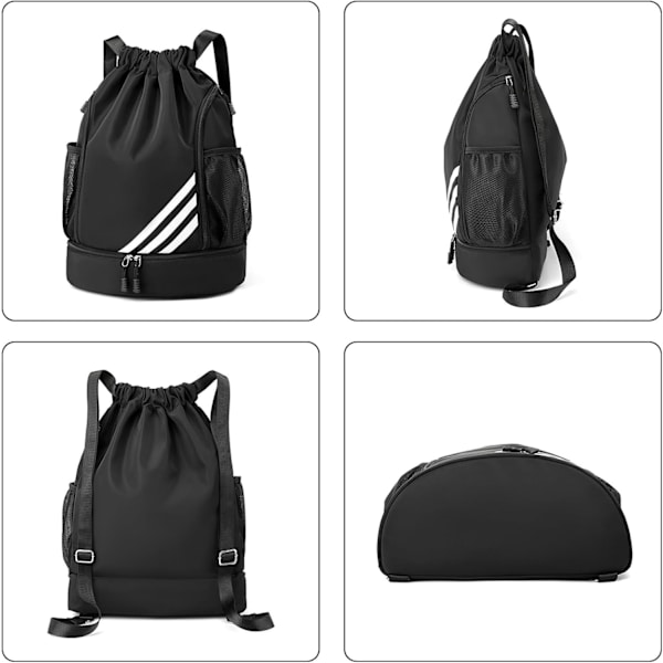Vattentät dragsko väska för barn och vuxna, stor dragsko gym väska, sport dragsko gym ryggsäck, unisex PE väska med skofack Black