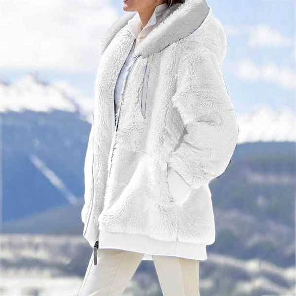 Hættejakke Dame Teddy Fleece Frakke Overgangsjakke med Hætte med Lommer Lynlås Efterår Vinter Plys Jakke Fleece Jakke Vinter 4XL D White