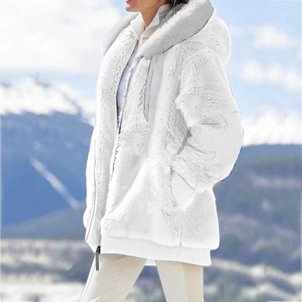 Hettejakke Dame Teddy Fleece Frakk Overgangsjakke med Hette med Lommer Glidelås Høst Vinter Plysj Jakke Fleece Jakke Vinter 4XL D White