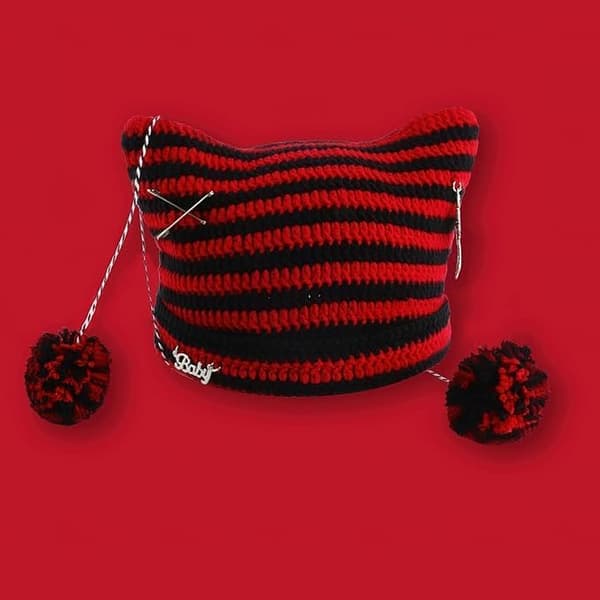 Uldhat til kvinder, piger, ræv, katteøre, goth, emo, alt, Y2K-tilbehør, lille djævel, håndlavet stribet hat Red One Size