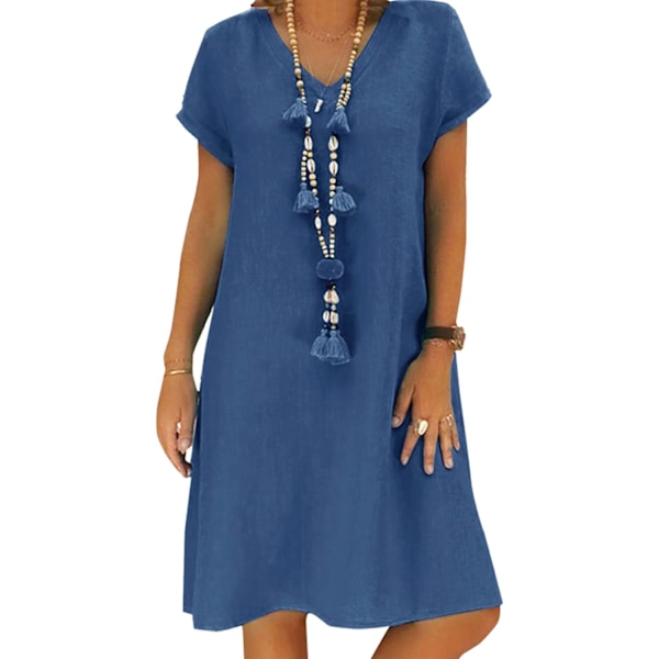 Damklänning Sommar Linneklänningar Casual V-ringad Midiklänning Kortärmad A-linjeklänning Solklänning Tunika Klänning Utan Tillbehör (Halsband ingår ej) A Blue L