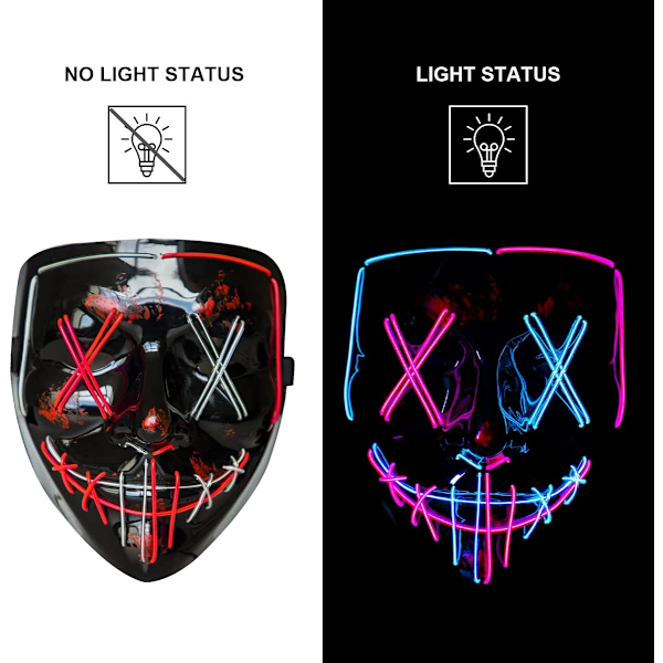 LED-maske med glødende lys - Skrekkmaske for cosplay, kostyme, karneval og høytider Pink+ice Blue