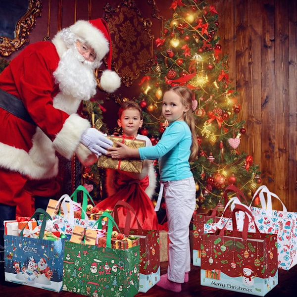 12-pakke gjenbrukbare julegaveposer, totebag med håndtak, gavepose, handlepose for juleferiefest