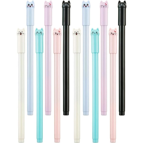 Kreativ tecknad söt svanskatt neutral penna 12 (blå + vit + svart + lila + blå + rosa) 2 styck 12pcs