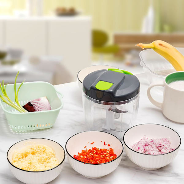 Monitoiminen käsikäyttöinen ruoanleikkuri ja -prosessori kahvalla ja kannella, vihannesleikkuri, sipuleille, valkosipulille, paprikoille, porkkanoille ja hedelmille Green 900ml