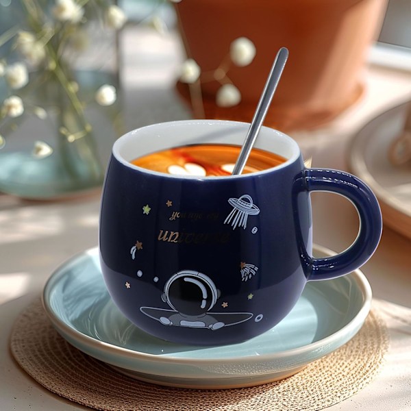 Rolig Rymd Mugg, Söt Astronaut Mugg, Kreativ UFO Mugg med Lock och Sked, Rymdpresent för Interstellära Astronomiälskare 450ml (D)
