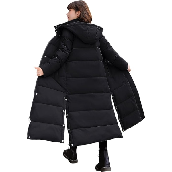 Svart vinterjacka för kvinnor Lång varm dunjacka med luva /XL black XL