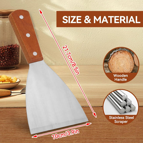 2 stk. stekeskrape i rustfritt stål, stekespade for støpejern treskaft skråkant grillspaker for matservering/matlaging/rengjøring, ideell