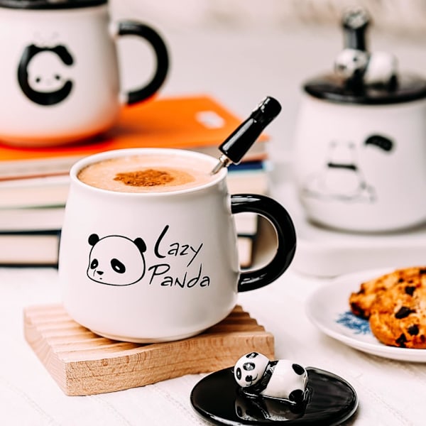 Panda Krus Søt Keramisk Kaffekrus med 3D Panda Søtt Lokk og Rustfritt Stål Skje Nyhet Krus Gave til Pandaelskere