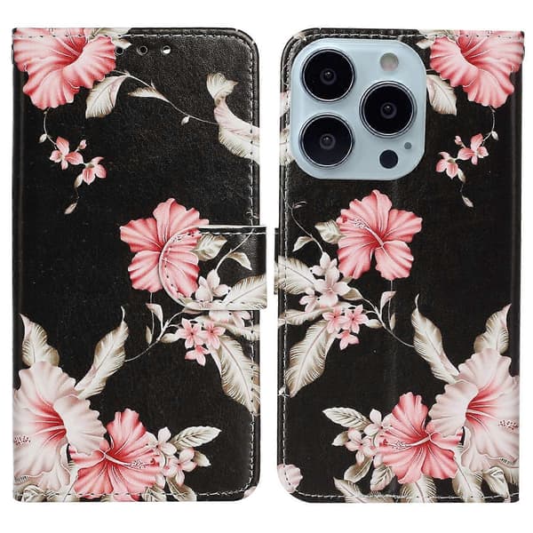 PU-læder telefoncover med mønsterprint, stativ og pung til iPhone 15 Pro Max
