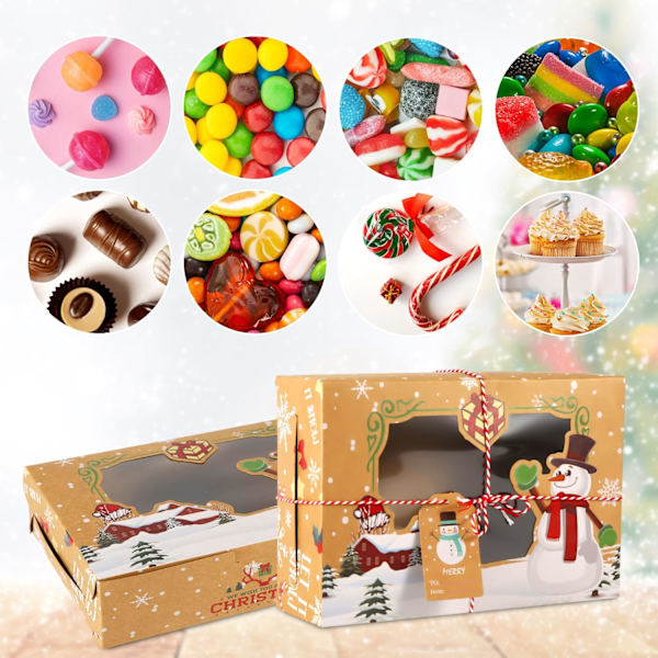 12 st julgodisboxar med fönster, söta stora julklappsaskar med presentlappar och kraftpappersrep julbröd godisgåva munkboxar
