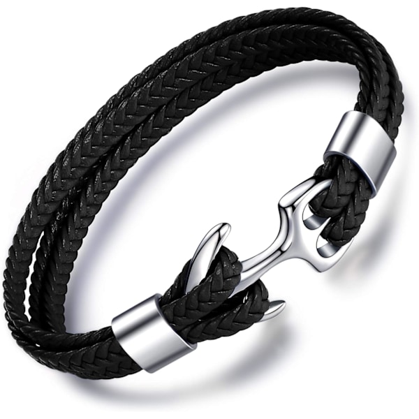 Läderarmband för män, ankararmband i rostfritt stål, hopp, kärlek, flätat läderarmband med 3D-hälsningskort Negro