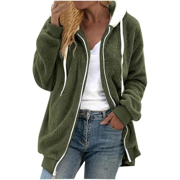 Hættejakke til kvinder Teddy Fleece Frakke Overgangsjakke med hætte med lommer lynlås efterår vinter plysjakke fleecejakke vinter 4XL C Green