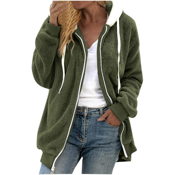 Hettejakke Dame Teddy Fleece Frakk Overgangsjakke med Hette med Lommer Glidelås Høst Vinter Plysj Jakke Fleece Jakke Vinter 4XL C Green