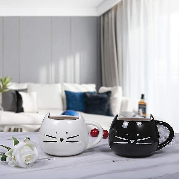2-pack Söta Katt Kaffemuggar Set Keramiska Kattunge Te Koppar Par För Kattälskare 35 cl (Svart & Vit)