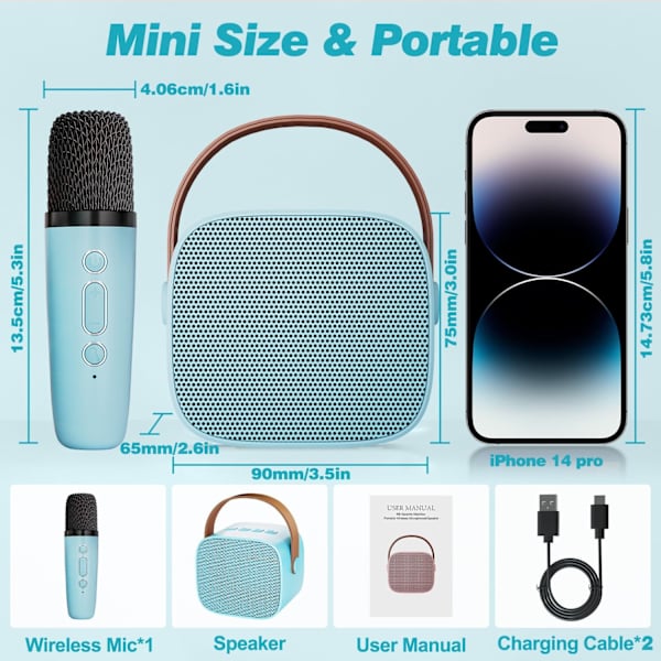 Karaokemaskin för barn med 2 trådlösa mikrofoner, bärbar Bluetooth-högtalare, presentleksaker för flickor och pojkar födelsedag Blue 1 Mic