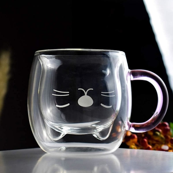 Bjørnekop Søde krus til kvinder Glas Dobbeltvægget isolerede glas Espresso kop, Kaffe kop, Tekop, Mælkekop, Bedste gave Purple Cat