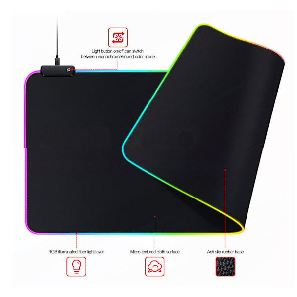 Gaming Mousepad med LED-lys - RGB - Vælg Størrelse - Sort - 14 Tilstande - Tyk Anti-slip 250*300*4MM