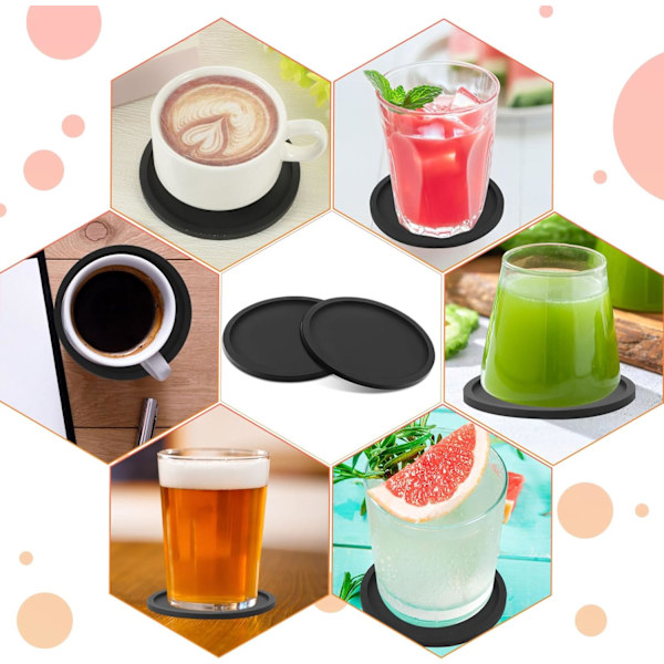 8 stk. sorte underlag, tykke runde krusbrikker, sett med 8, silikonbrikker for drikke, kaffeputer, ølbarmatte.