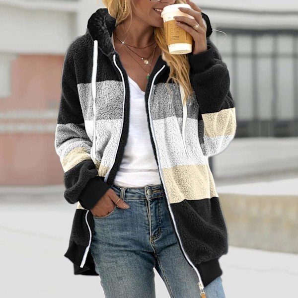 Hupullinen takki Naisten Teddy Fleece -takki Siirtymätakki Hupulla Taskuilla Vetoketju Syksy Talvi Pehmotakki Fleece -takki Talvi XXL J Black