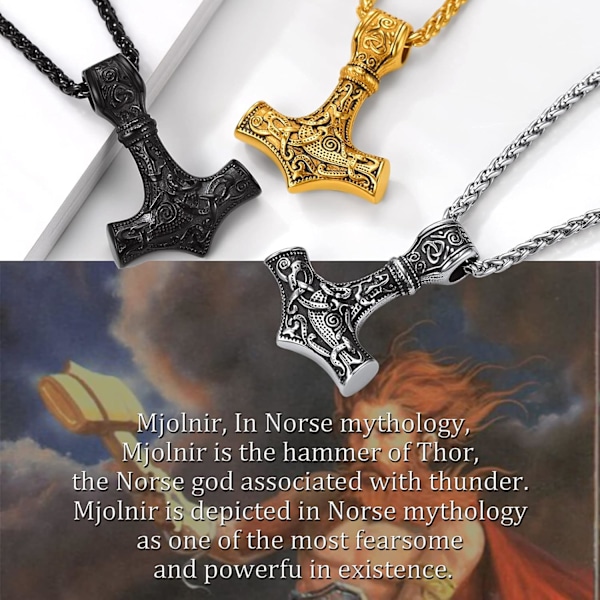 Thorin Mjolnir-vasara riipusriipus, pohjoismainen viikinkikirves piikikettulla, ruostumaton teräs 02. Negro