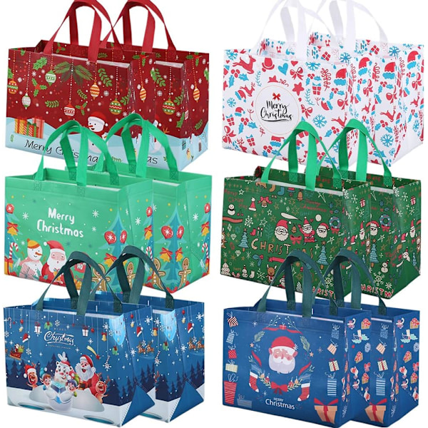 12-pakke gjenbrukbare julegaveposer, totebag med håndtak, gavepose, handlepose for juleferiefest