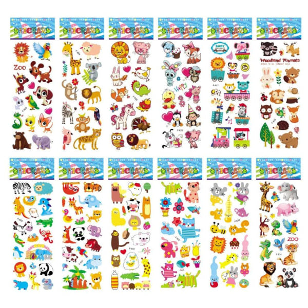 12 sheets of stick-on stickers - multi-coloured animal motifs