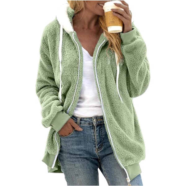 Hættejakke Dame Teddy Fleece Frakke Overgangsjakke med Hætte med Lommer Lynlås Efterår Vinter Plys Jakke Fleece Jakke Vinter 3XL D Green