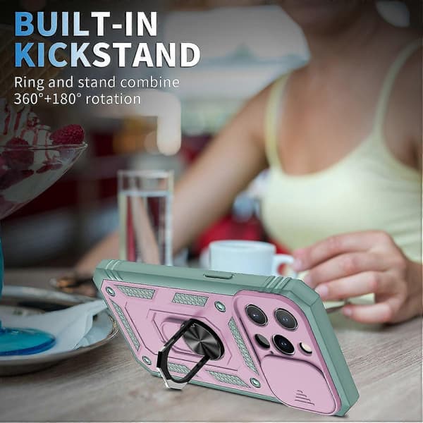 För iPhone 13 Pro Max Militärt Skjutbart Fönster Skyddsfodral Rosa/Grå Grön