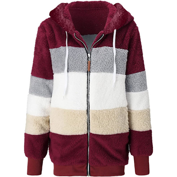 Hættejakke Dame Teddy Fleece Frakke Overgangsjakke med Hætte med Lommer Lynlås Efterår Vinter Plys Jakke Fleece Jakke Vinter 4XL J Wine