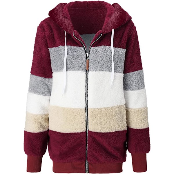 Hettejakke Dame Teddy Fleece Frakk Overgangsjakke med Hette med Lommer Glidelås Høst Vinter Plysj Jakke Fleece Jakke Vinter 4XL J Wine