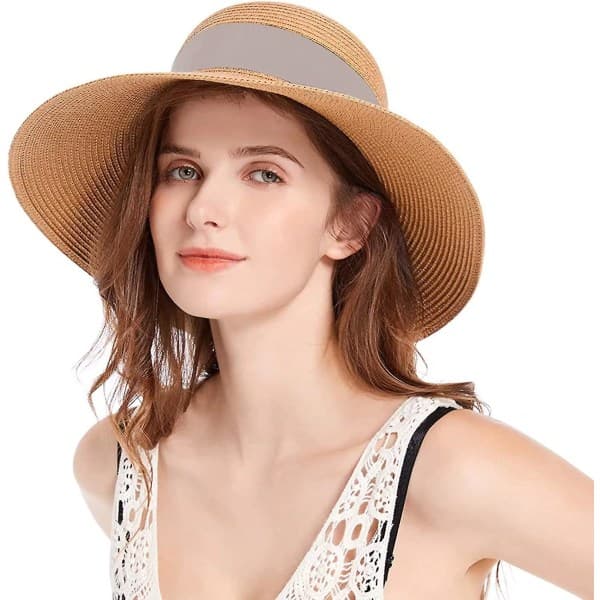 Dame Strand Halm Panama Hat Bred Brede Foldbar Fedora Solhatter For Kvinner Uv Upf 50+ Grå Grey