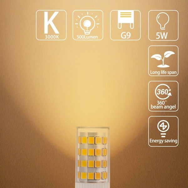 ®RisingFF 10-pakning G9 LED-pærer Varmhvit, 5W, 3000K, G9 Halogenpære, Flimmerfri