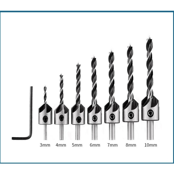 8 stykker koniske trebearbeidingsbor i HSS-stål (3-10 mm naturlig trebearbeidingsfassett med 7 stykker + skiftenøkkel (OPP-pose) [252g]) vit