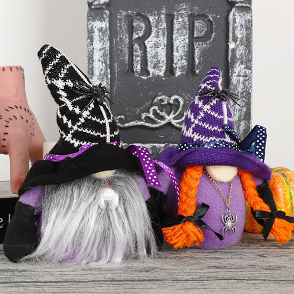 Halloween-dekorationer: Ansiktslösa dvärgdockor, Rudolph-docka, spindel, fladdermus, festlayout