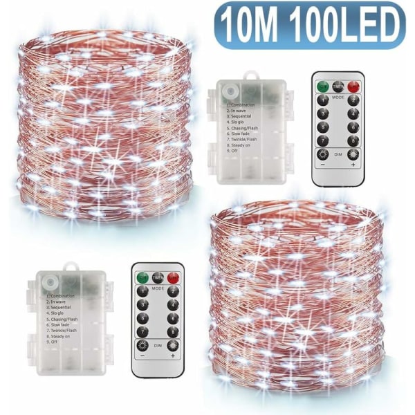Batteridriven LED-ljusslinga med 100 LED-timerfunktioner (10 meter med 100 lampor - 2st vitt) vit