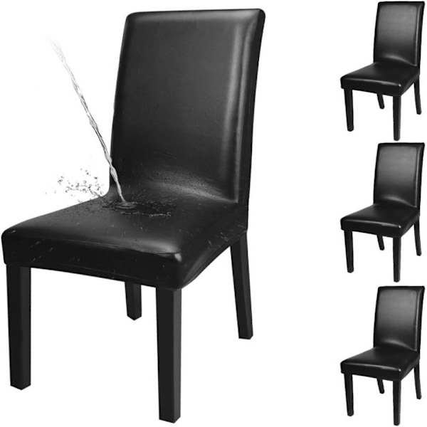 Stolsöverdrag för matsal, enfärgat PU-läder, vattentäta och oljetäta stretchöverdrag för matstolar (Svart, 4-pack)