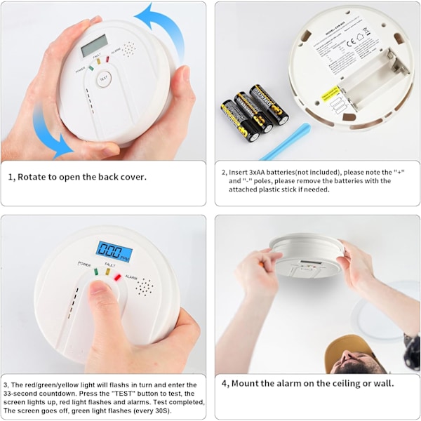 Kolmonoxiddetektor, utbytbar batteridriven kolmonoxidlarm med LCD-display, för hemsäkerhet (AA-batteri ingår ej)