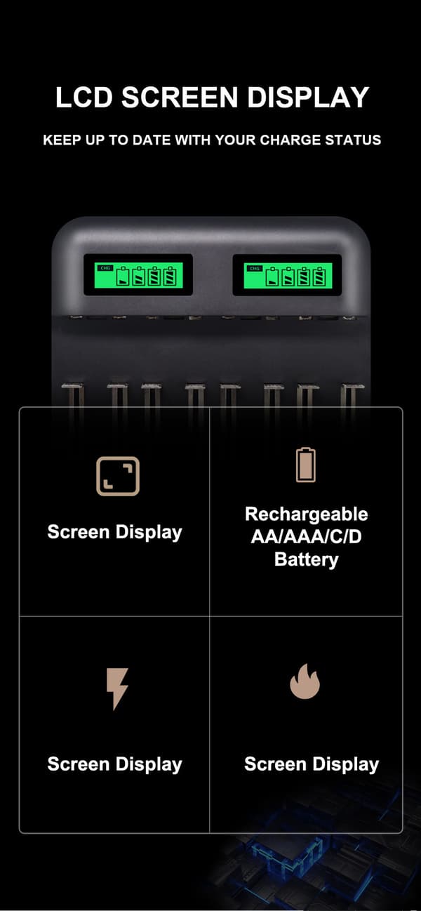 8-Slots Multifunktionel LCD Smart Batterilader