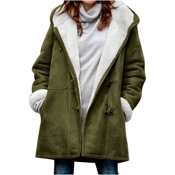 Damer Vinterjakker Udsalg Plus Størrelse Dame Fleeceforet Jakke Hoodies Lomme Uld Casual Hættetrøjer Horn Knapper Casual Varmt Jakke Trench 3XL 02 Army Green