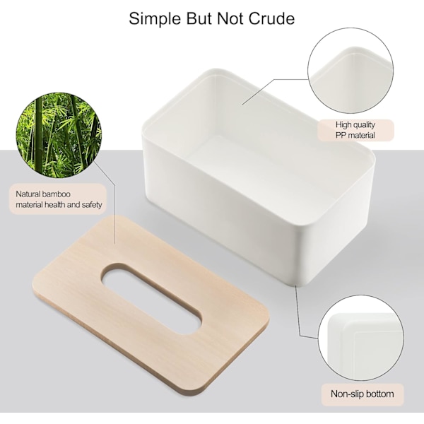 Servetthållare med lock i bambu, servetthållare, rektangulär servettdispenserlåda för badrum, kök, vardagsrum, kontor, bil, 21x13x10cm (vit)
