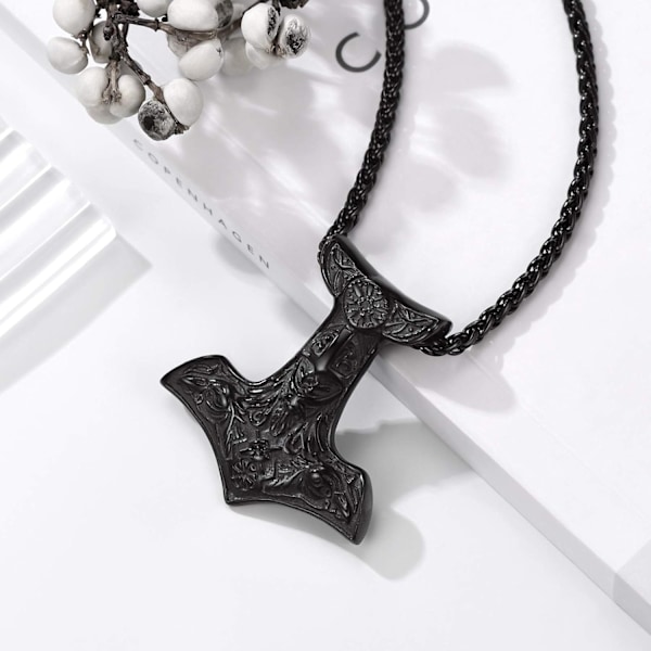 Thorin Mjolnir-vasara riipusriipus, pohjoismainen viikinkikirves piikikettulla, ruostumaton teräs 01. Negro