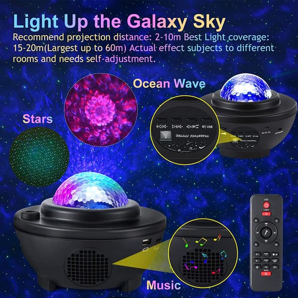 LED-projektor, stjernehimmel-lys, bølgeeffekt-høyttaler med Bluetooth