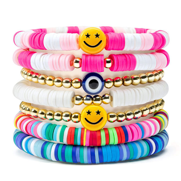 7 stk. armbåndssæt farverigt preppy glad smil ondt øje perler stretch ler stablet boho skive Y2K
