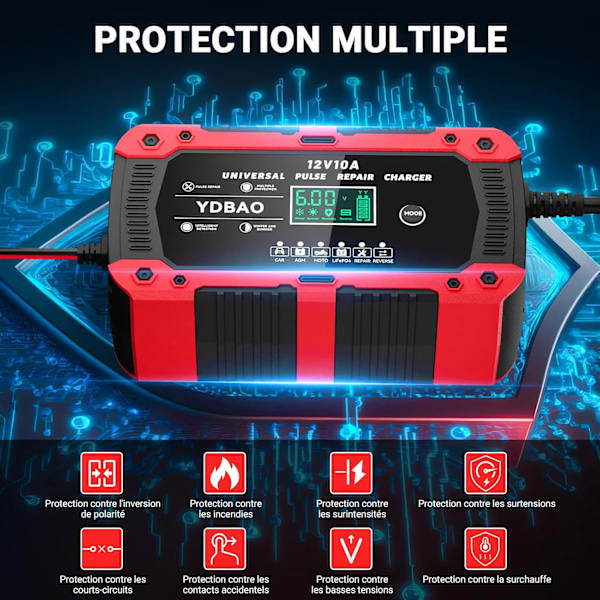 12V 10A LiFePO4 Auton Akkulaturi Älykäs Automaattinen Moottoripyörän Laturi LCD-näytöllä 6 Tilaa Korjaus AGM Geeli SLA Märkä