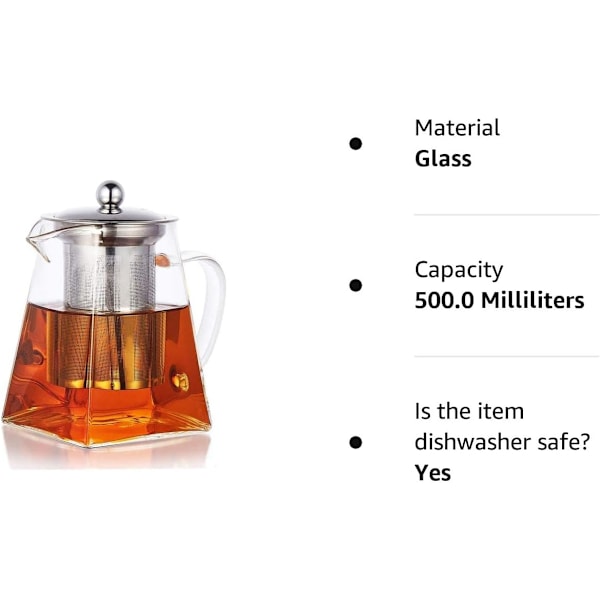 500ML Borosilikatglas Tekanna, Lösa Blad Tekannor med Insats, Fyrkantig Tekanna med Sil, Spis Mikrovågsugnssäker Tekanna för 2 500ml