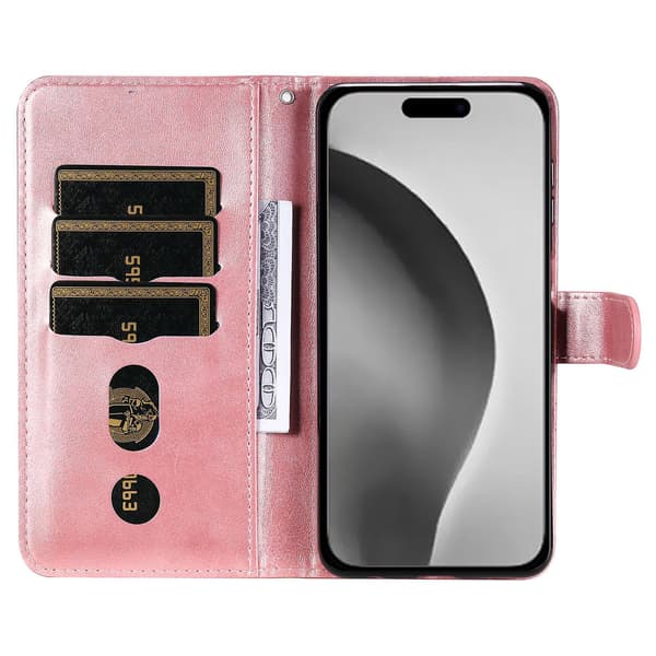Fodral för iPhone 16 Pro Max med dragkedjeficka, flip, stöttåligt läderfodral - Rosa