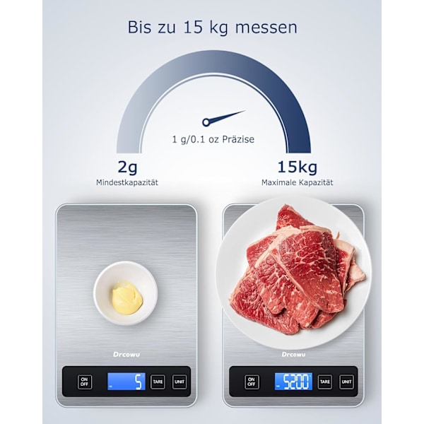 Matvekt 15 kg for matlaging og baking, elektrisk vekt med tarefunksjon, gram og oz, bakgrunnsbelyst LCD, 1 g/0,1 oz nøyaktighet Silver