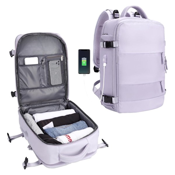 Reseryggsäck för flygplanskabin 45x36x20 för Vueling, EasyJet, Ryanair | Vattentät och rymlig handbagage med skofack och USB-port. Purple