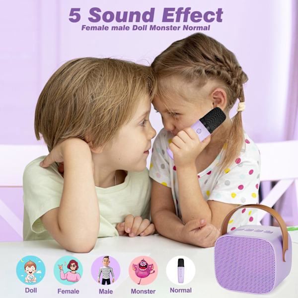 Karaokemaskin för barn med 2 trådlösa mikrofoner, bärbar Bluetooth-högtalare, presentleksaker för flickor och pojkars födelsedag Purple 2 Mic